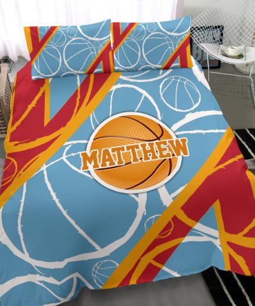 Personalized Basketball Duvet Cover Set, Basketball Ball Player Gift Idea Turquoise Duvet Cover & Pillowcases, Custom Name Number Bedding Set