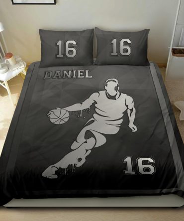 Personalized Basketball Duvet Cover Set, Basketball Frame Player Gift Idea Grey Black Duvet Cover & Pillowcases, Custom Name Number Bedding Set