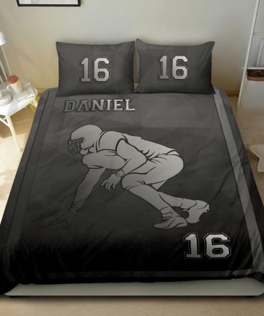 Personalized Football Duvet Cover Set, Football Frame Player Gift Idea Grey Black Duvet Cover & Pillowcases, Custom Name Number Bedding Set