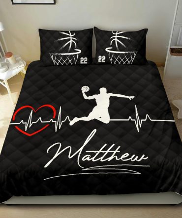 Personalized Basketball Duvet Cover Set, Basketball Heart Beat Slamdunk Player Gift Duvet Cover & Pillowcases, Custom Name Number Bedding Set