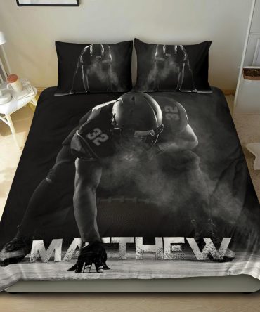 Personalized Football Duvet Cover Set, America Football Dark Background Player Gift Duvet Cover & Pillowcases, Custom Name Number Bedding Set