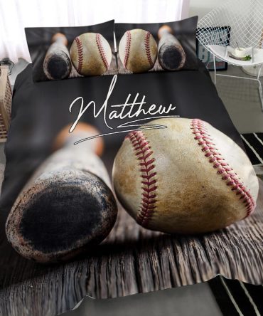 Personalized Baseball Duvet Cover Set, Baseball Vintage Ball Bat Player Gift Idea Duvet Cover & Pillowcases, Custom Name Number Bedding Set