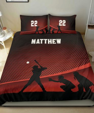 Personalized Baseball Duvet Cover Set, Baseball Red Boy Player Team Gift Idea Duvet Cover & Pillowcases, Custom Name Number Bedding Set