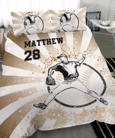 Personalized Baseball Duvet Cover Set, Baseball Sun Brust Vintage Brown Player Gift Duvet Cover & Pillowcases, Custom Name Number Bedding Set