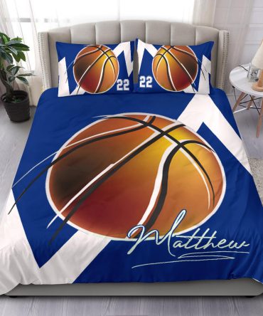 Personalized Basketball Duvet Cover Set, Basketball Blue Ball Player Gift Blue White Duvet Cover & Pillowcases, Custom Name Number Bedding Set