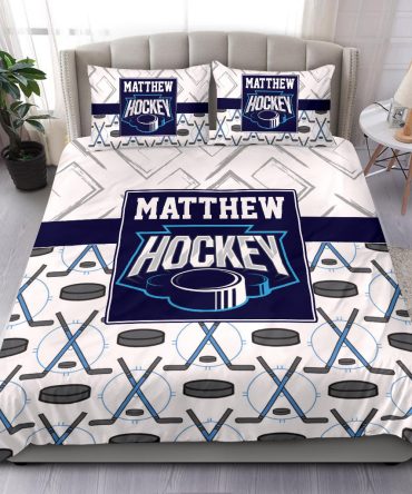 Personalized Hockey Duvet Cover Set, Hockey Stick Puck Pattern White Player Gift Duvet Cover & Pillowcases, Custom Name Number Bedding Set