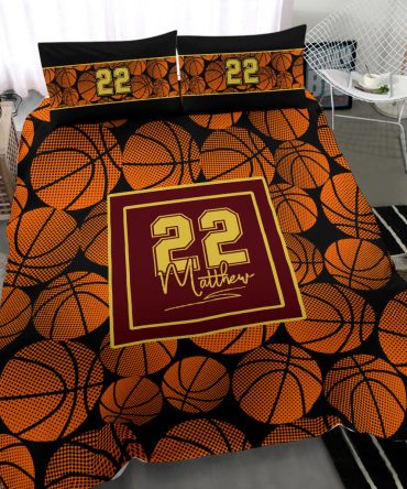 Personalized Basketball Duvet Cover Set, Basketball Balls Pattern Player Gift Idea Duvet Cover & Pillowcases, Custom Name Number Bedding Set
