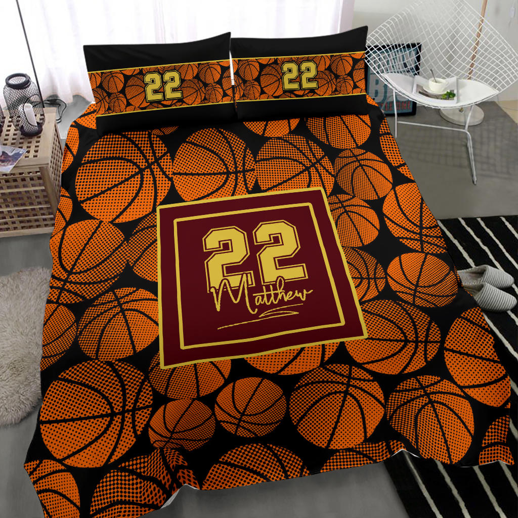 Personalized Basketball Duvet Cover Set, Basketball Balls Pattern Player Gift Idea Duvet Cover & Pillowcases, Custom Name Number Bedding Set