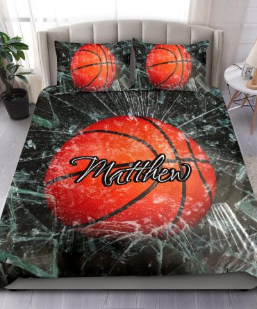Personalized Basketball Duvet Cover Set, Basketball Ball Break Glass Player Gift Idea Duvet Cover & Pillowcases, Custom Name Number Bedding Set