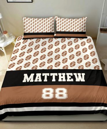 Personalized Football Duvet Cover Set, Football Ball Pattern Brown Player Gift Idea Duvet Cover & Pillowcases, Custom Name Number Bedding Set