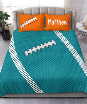Personalized Football Duvet Cover Set, Football Pattern Turquoise Player Gift Idea Duvet Cover & Pillowcases, Custom Name Number Bedding Set