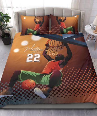 Personalized Basketball Duvet Cover Set, Basketball Boy Dot Pattern Player Gift Idea Duvet Cover & Pillowcases, Custom Name Number Bedding Set