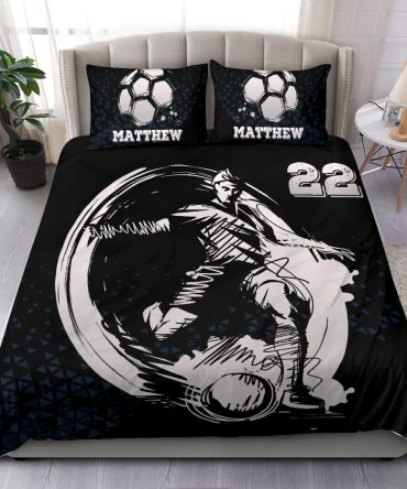 Personalized Soccer Duvet Cover Set, Soccer Boy Black White Player Gift Idea Duvet Cover & Pillowcases, Custom Name Number Bedding Set