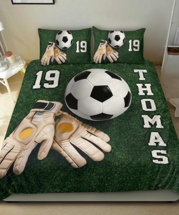 Personalized Soccer Duvet Cover Set, Soccer Ball Glove Goal Keeper Player Gift Duvet Cover & Pillowcases, Custom Name Number Bedding Set