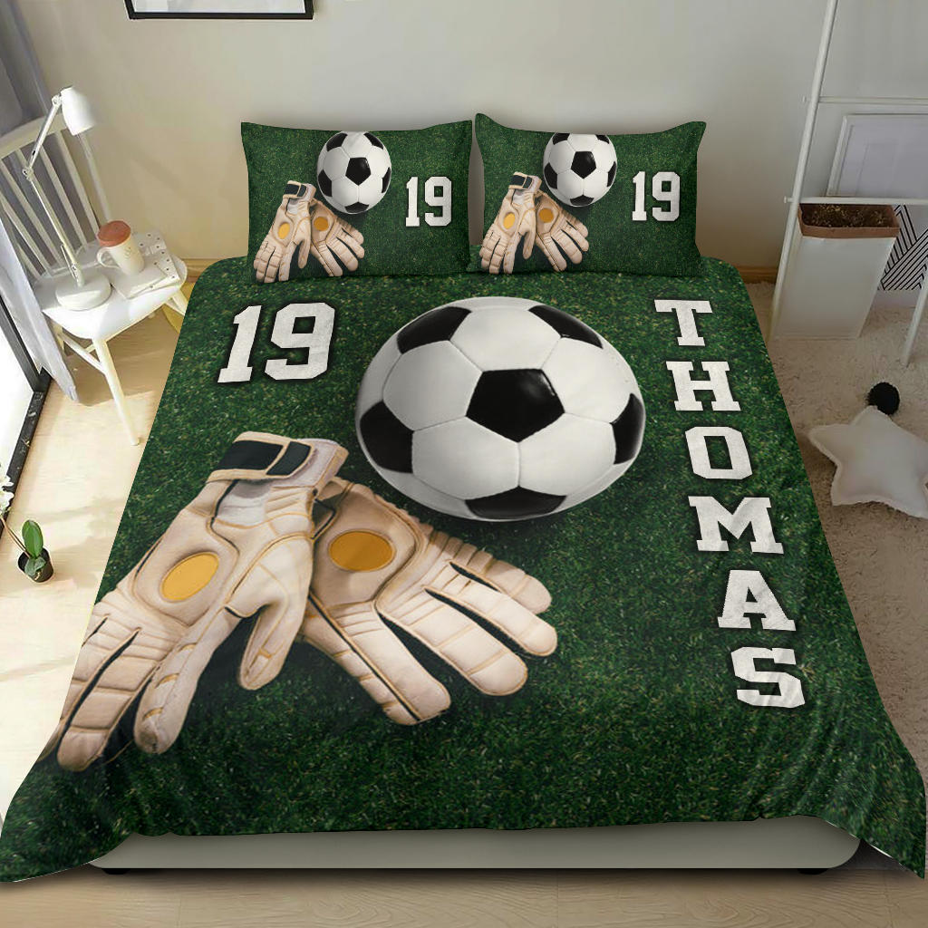 Personalized Soccer Duvet Cover Set, Soccer Ball Glove Goal Keeper Player Gift Duvet Cover & Pillowcases, Custom Name Number Bedding Set