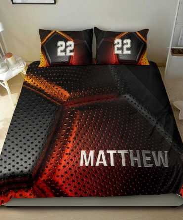 Personalized Soccer Duvet Cover Set, Soccer Pattern Orange Black Ball Player Gift Duvet Cover & Pillowcases, Custom Name Number Bedding Set