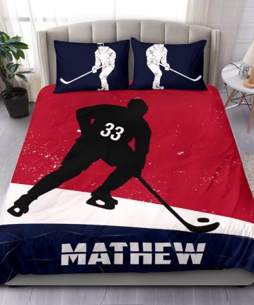 Personalized Hockey Duvet Cover Set, Hockey Boy Red Blue Player Gift Idea Duvet Cover & Pillowcases, Custom Name Number Bedding Set