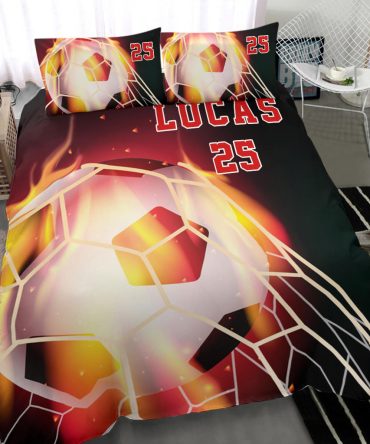 Personalized Soccer Duvet Cover Set, Soccer Fire Ball Player Gift Idea Black Duvet Cover & Pillowcases, Custom Name Number Bedding Set