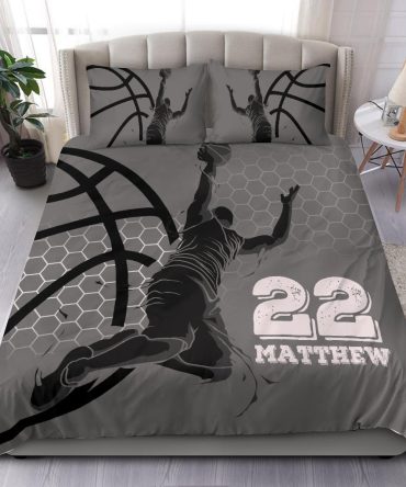 Personalized Basketball Duvet Cover Set, Basketball Boy Grey Honeycomb Player Gift Duvet Cover & Pillowcases, Custom Name Number Bedding Set