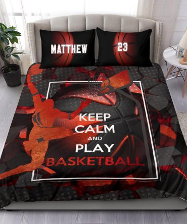 Personalized Basketball Duvet Cover Set, Keep Calm Play Basketball Red Black Player Duvet Cover & Pillowcases, Custom Name Number Bedding Set