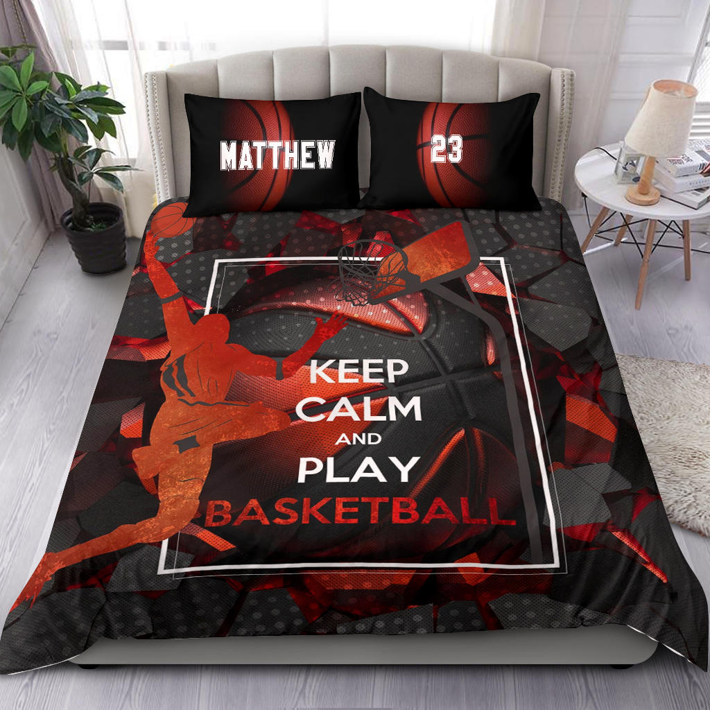 Personalized Basketball Duvet Cover Set, Keep Calm Play Basketball Red Black Player Duvet Cover & Pillowcases, Custom Name Number Bedding Set