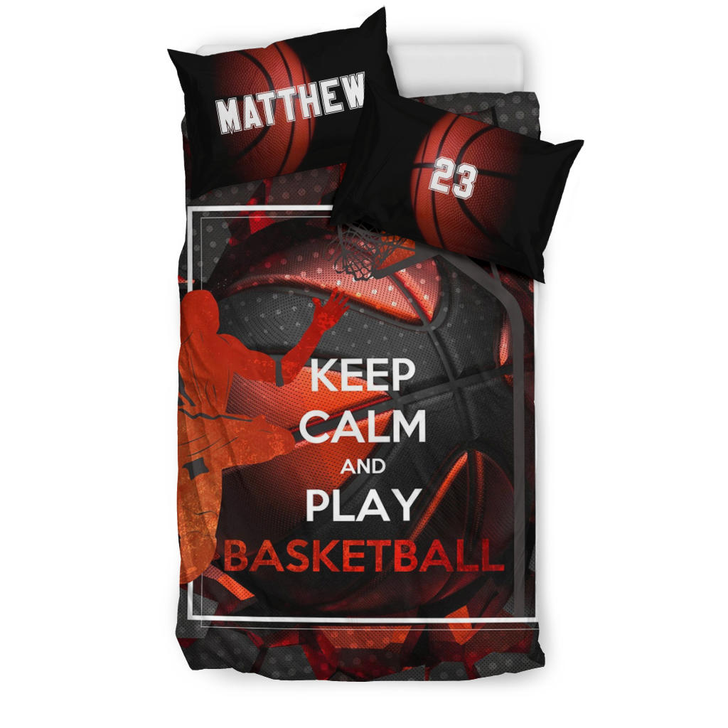 Personalized Basketball Duvet Cover Set, Keep Calm Play Basketball Red Black Player Duvet Cover & Pillowcases, Custom Name Number Bedding Set - Image 2
