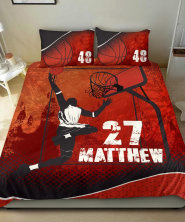 Personalized Basketball Duvet Cover Set, Basketball Jump Slamdunk Player Gift Red Duvet Cover & Pillowcases, Custom Name Number Bedding Set