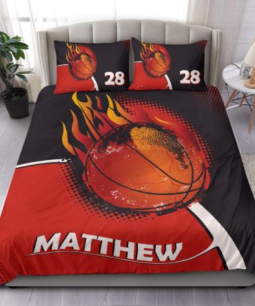 Personalized Basketball Duvet Cover Set, Basketball Fire Ball Red Black Player Gift Duvet Cover & Pillowcases, Custom Name Number Bedding Set