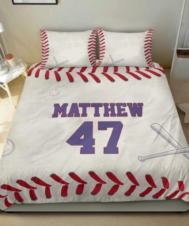 Personalized Baseball Duvet Cover Set, Baseball Pattern Grey Player Gift Idea Duvet Cover & Pillowcases, Custom Name Number Bedding Set
