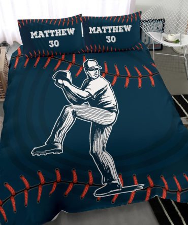 Personalized Baseball Duvet Cover Set, Baseball Pitcher Blue Player Gift Idea Duvet Cover & Pillowcases, Custom Name Number Bedding Set