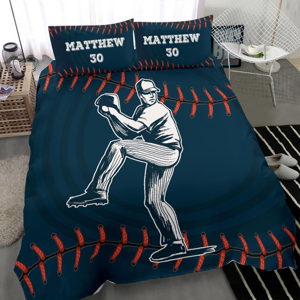 Personalized Baseball Duvet Cover Set, Baseball Pitcher Blue Player Gift Idea Duvet Cover & Pillowcases, Custom Name Number Bedding Set - Image 2
