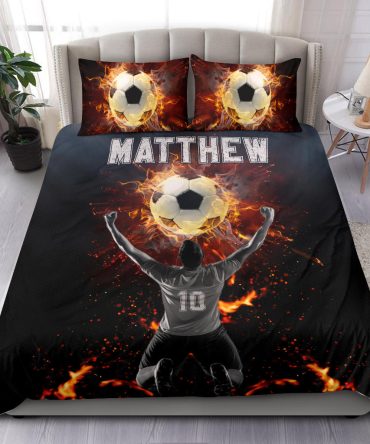 Personalized Soccer Duvet Cover Set, Soccer Fire Ball Winner Champion Player Gift Duvet Cover & Pillowcases, Custom Name Number Bedding Set