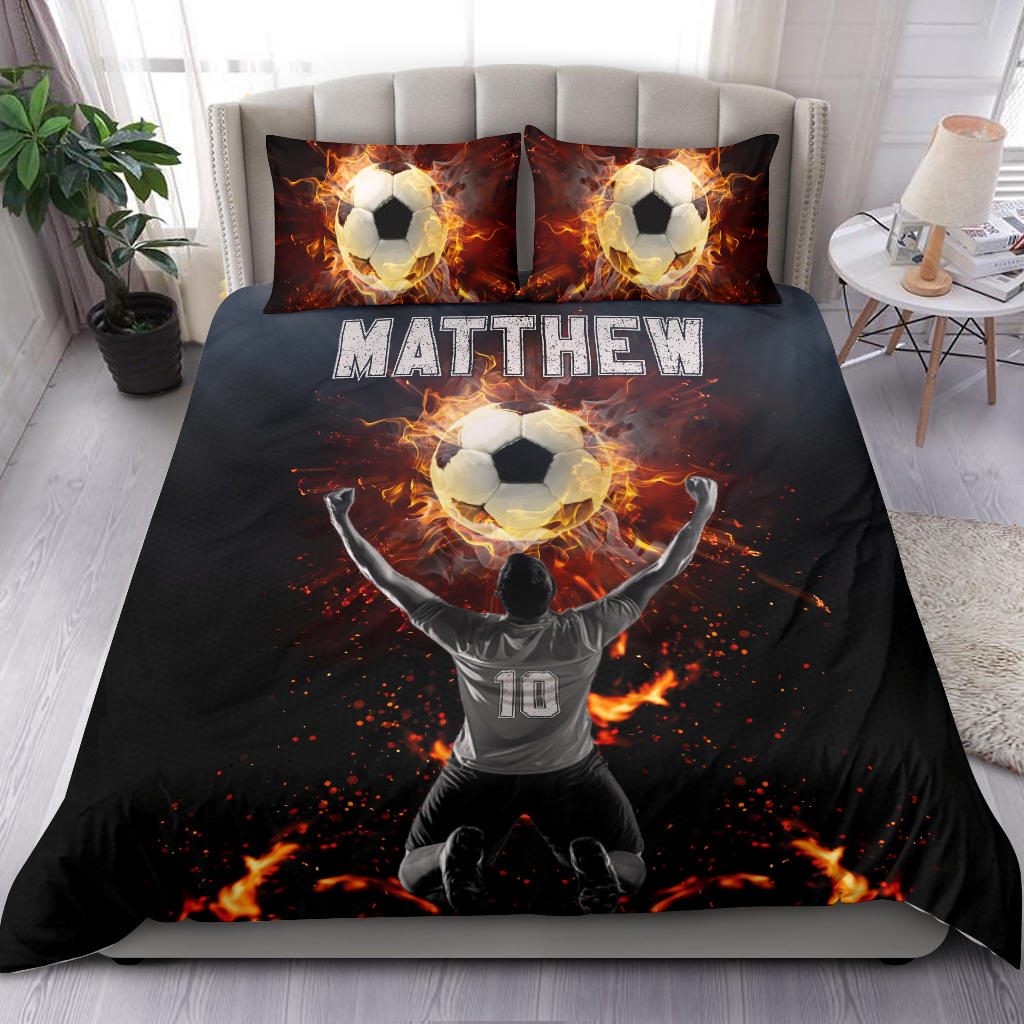 Personalized Soccer Duvet Cover Set, Soccer Fire Ball Winner Champion Player Gift Duvet Cover & Pillowcases, Custom Name Number Bedding Set - Image 2