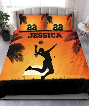 Personalized Volleyball Duvet Cover Set, Volleyball Girl Sunset Orange Player Gift Duvet Cover & Pillowcases, Custom Name Number Bedding Set