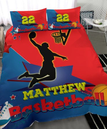 Personalized Basketball Duvet Cover Set, Basketball Boy Red Blue Player Gift Idea Duvet Cover & Pillowcases, Custom Name Number Bedding Set