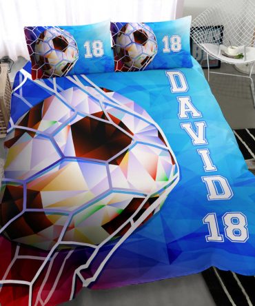 Personalized Soccer Duvet Cover Set, Soccer Blue Geometric Pattern Player Gift Duvet Cover & Pillowcases, Custom Name Number Bedding Set