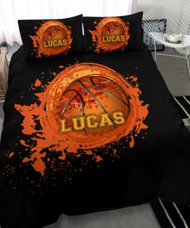 Personalized Basketball Duvet Cover Set, Basketball Ball Watercolor Player Gift Black Duvet Cover & Pillowcases, Custom Name Number Bedding Set