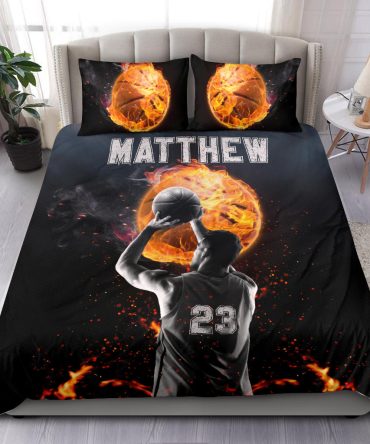 Personalized Basketball Duvet Cover Set, Basketball Boy Fire Ball Throw Player Black Duvet Cover & Pillowcases, Custom Name Number Bedding Set