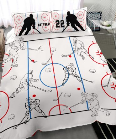 Personalized Hockey Duvet Cover Set, Hockey Field Court Sketch Player Gift Idea Duvet Cover & Pillowcases, Custom Name Number Bedding Set