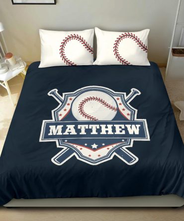Personalized Baseball Duvet Cover Set, Baseball Player Unique Gift Idea Blue Duvet Cover & Pillowcases, Custom Name Number Bedding Set