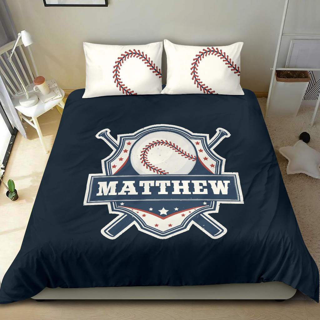 Personalized Baseball Duvet Cover Set, Baseball Player Unique Gift Idea Blue Duvet Cover & Pillowcases, Custom Name Number Bedding Set - Image 2