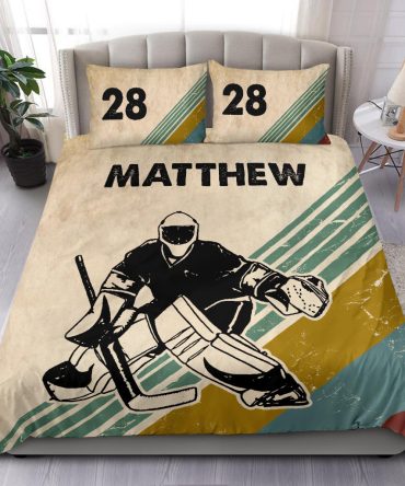 Personalized Hockey Duvet Cover Set, Hockey Boy Vintage Retro Player Gift Idea Duvet Cover & Pillowcases, Custom Name Number Bedding Set
