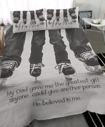 Personalized Hockey Duvet Cover Set, Hockey My Dad Believe Me Vintage Grey Player Duvet Cover & Pillowcases, Custom Name Number Bedding Set