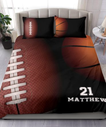 Personalized Football Duvet Cover Set, Football Basketball Pattern Player Gift Idea Duvet Cover & Pillowcases, Custom Name Number Bedding Set