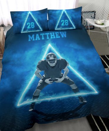 Personalized Football Duvet Cover Set, Football Neon Triangle Player Gift Idea Blue Duvet Cover & Pillowcases, Custom Name Number Bedding Set