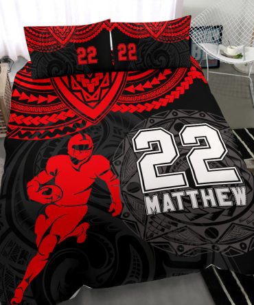 Personalized Football Duvet Cover Set, America Football Maori Player Gift Red Black Duvet Cover & Pillowcases, Custom Name Number Bedding Set