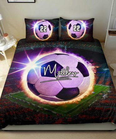 Personalized Soccer Duvet Cover Set, Soccer Fire Ball Player Unique Gift Idea Duvet Cover & Pillowcases, Custom Name Number Bedding Set