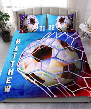 Personalized Soccer Duvet Cover Set, Soccer Ball Low Poly Player Gift Idea Duvet Cover & Pillowcases, Custom Name Number Bedding Set