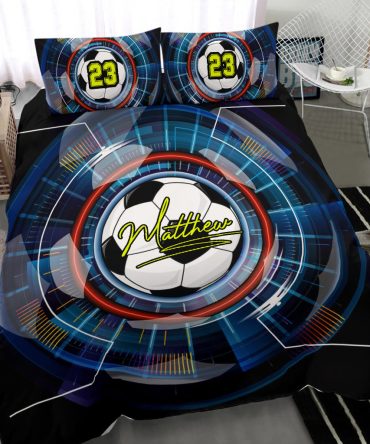 Personalized Soccer Duvet Cover Set, Soccer Ball Effect Black Blue Player Gift Duvet Cover & Pillowcases, Custom Name Number Bedding Set