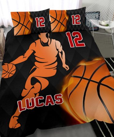 Personalized Basketball Duvet Cover Set, Fire Basketball Boy Player Gift Idea Black Duvet Cover & Pillowcases, Custom Name Number Bedding Set